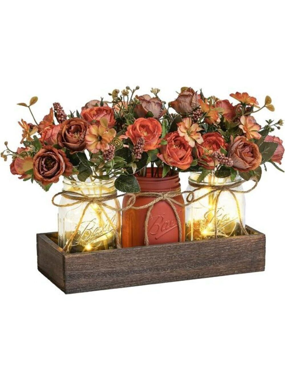 Mason Jar Centerpiece Set with Flowers Wood Tray LED Farmhouse Table Decor